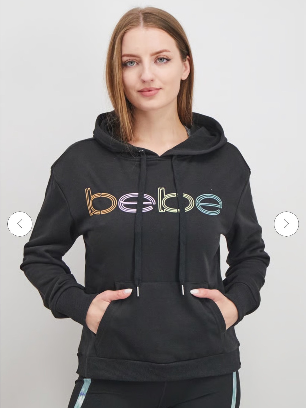 bebe Black Pullover Hoodie with Rainbow Outline Logo